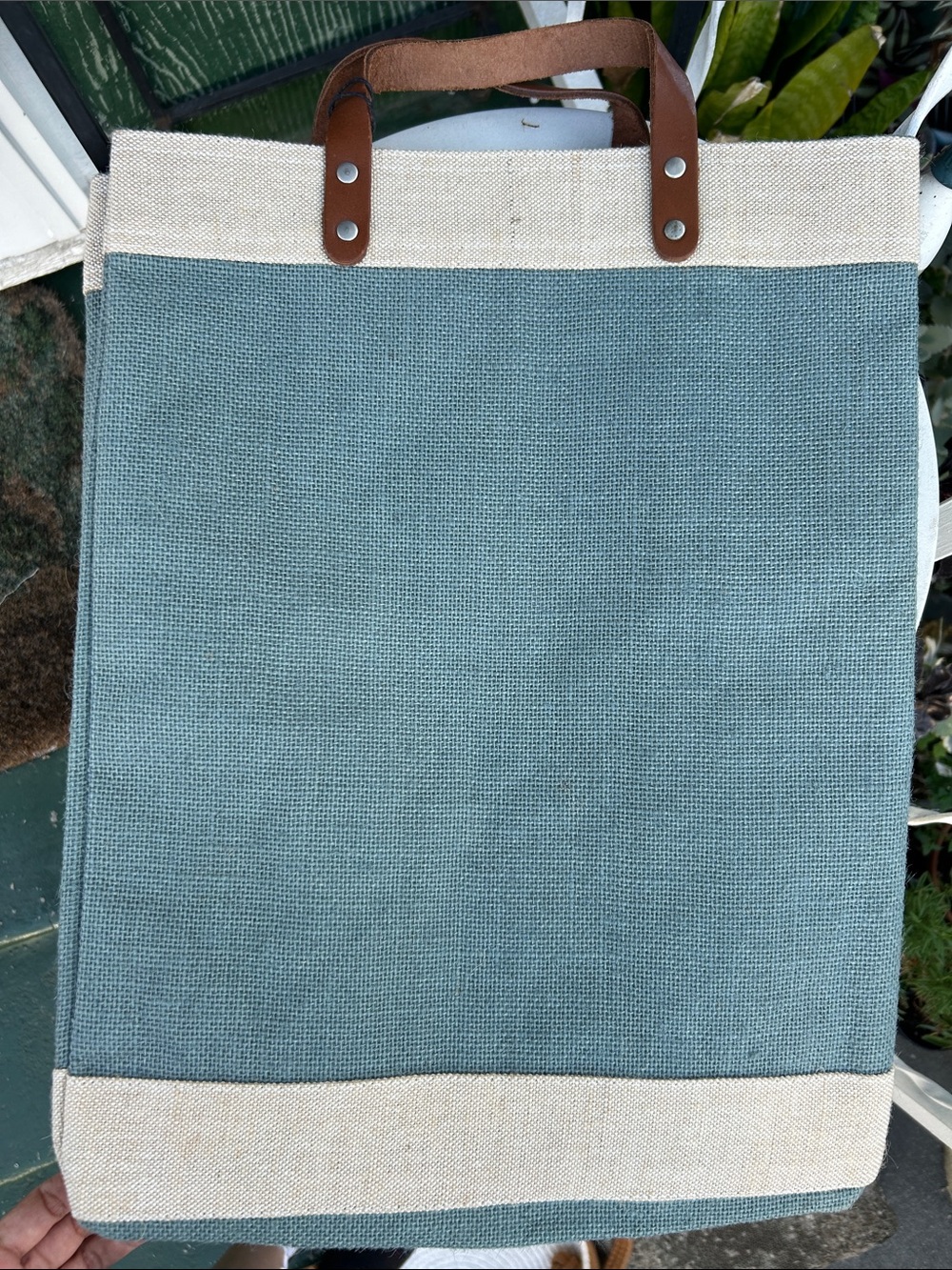 Canvas Storage Tote with Leather Handles - Blue and Cream